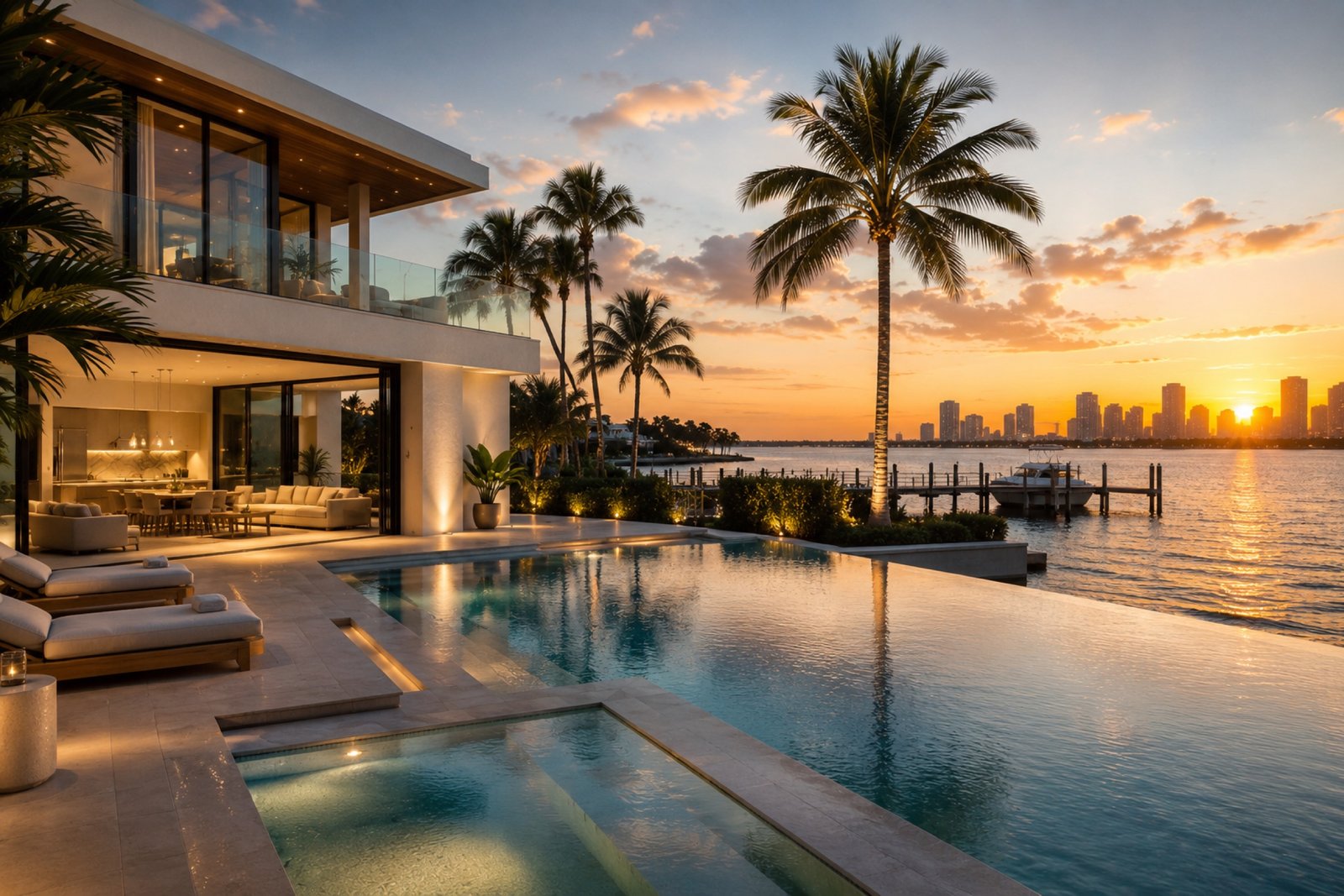 Waterfront estate at sunset with infinity pool and Miami skyline