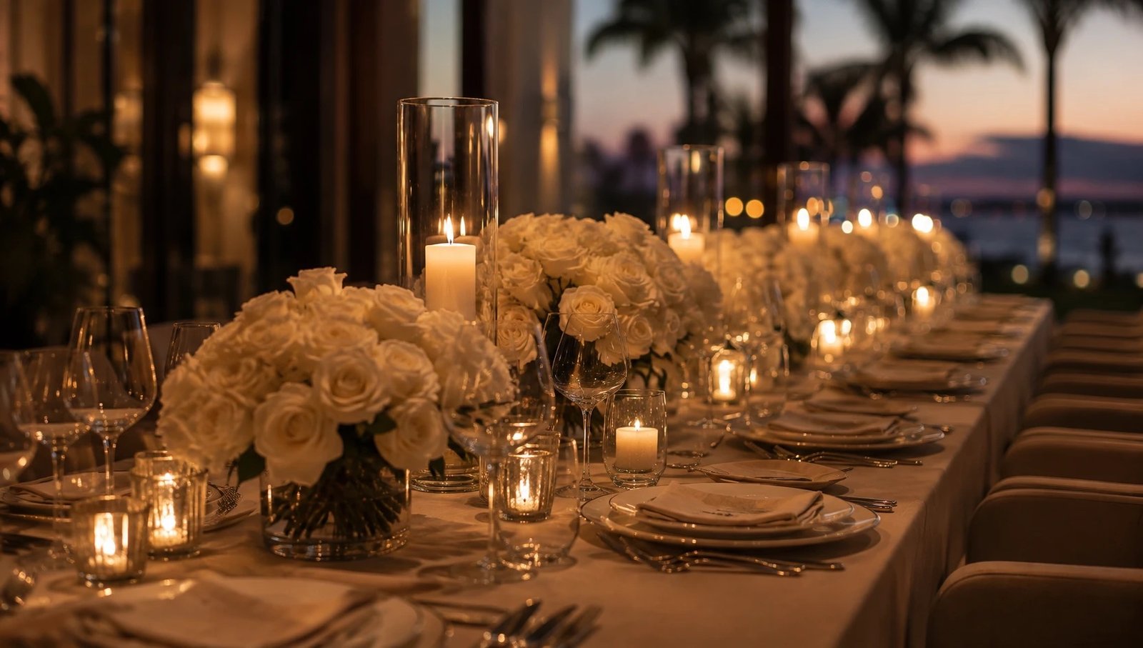 Intimate candlelit dinner table at sunset