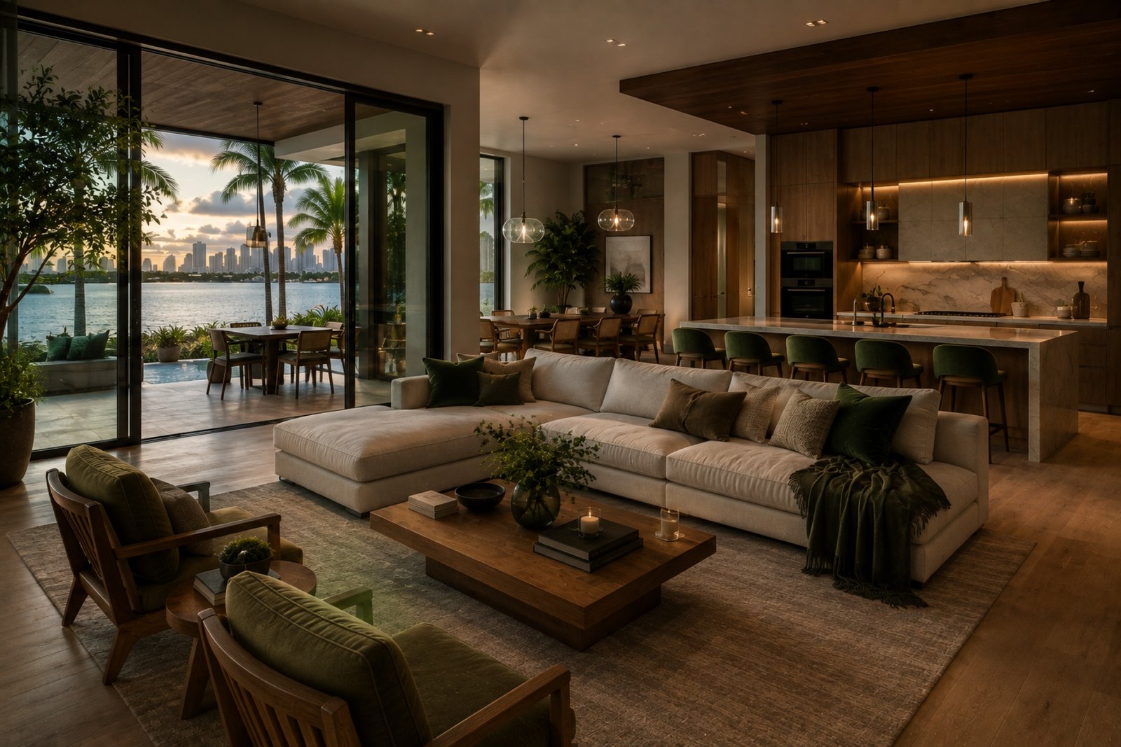 Evening living space with skyline view