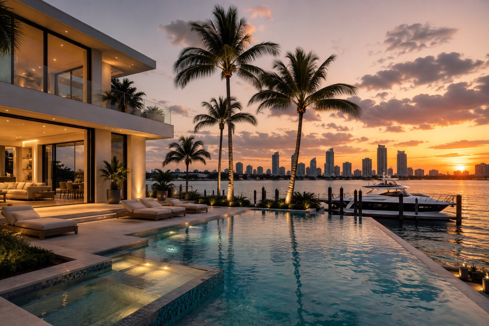 Private yacht docked at a waterfront estate at dusk
